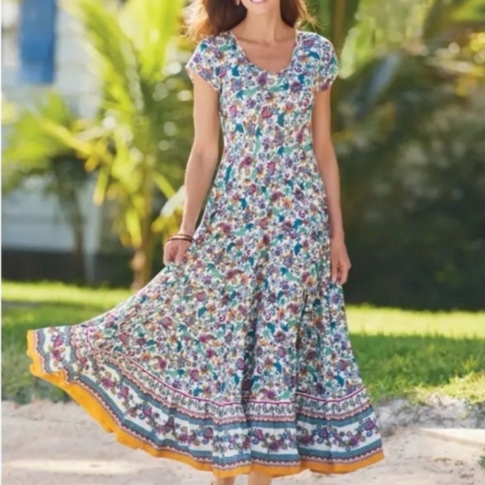 Soft Surroundings Floral Border-Trim Maxi Dress in White, Blue, Green, Yellow